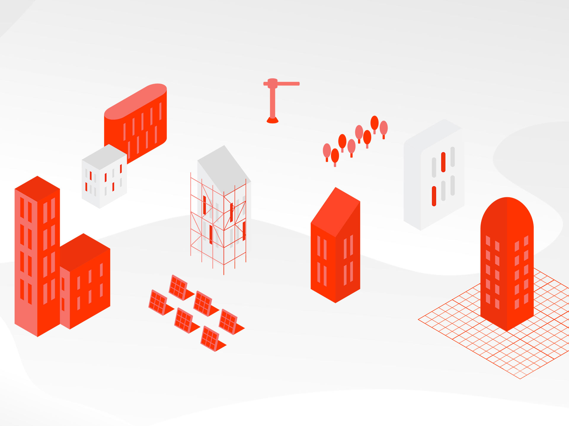Isometrische Illustration roter Gebäude als Symbolbild für das Webdesign-Projekt Softtech AG