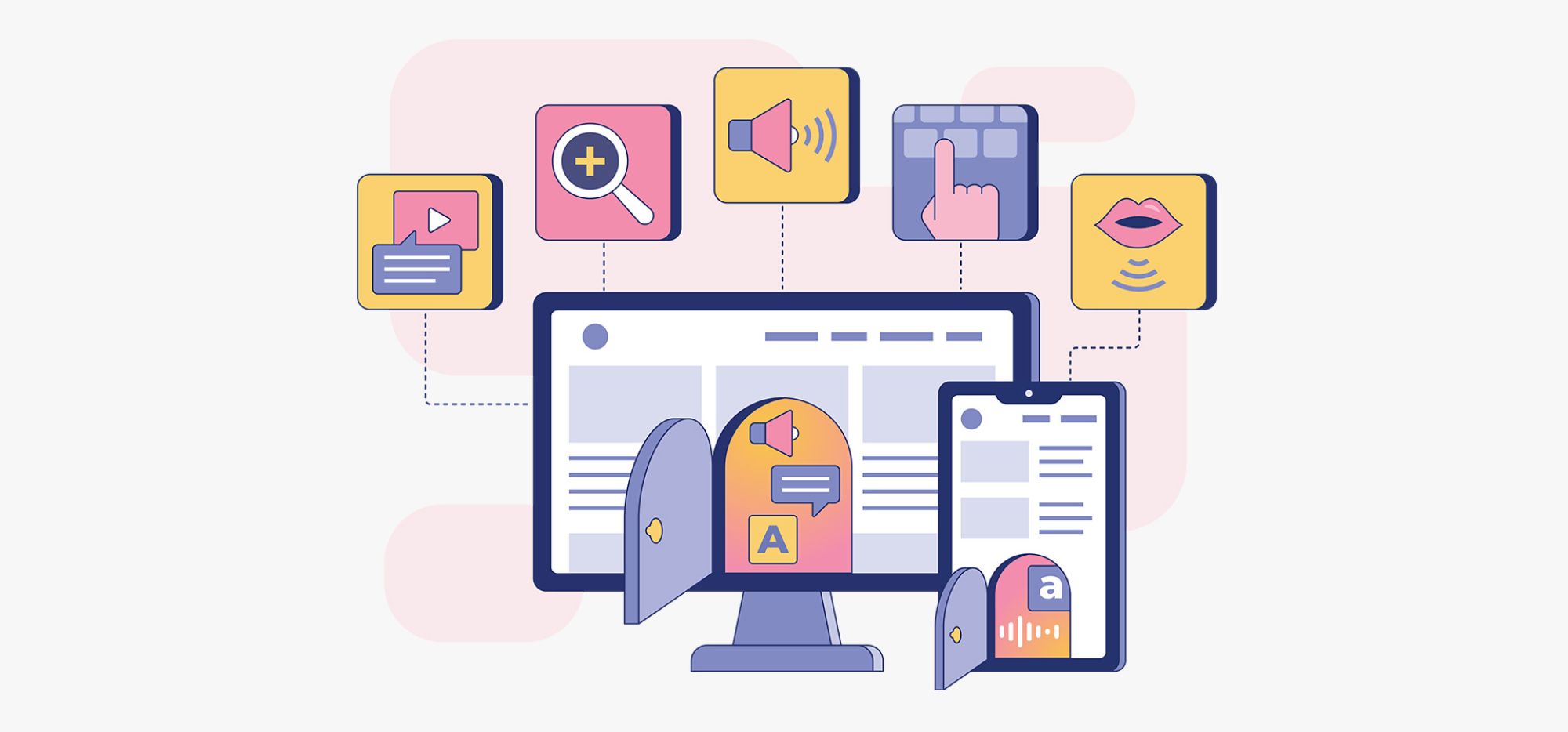 Illustration von Barrierefreiheits-Funktionen wie Vergrößerung, Vorlesefunktion und Tastaturnavigation auf einer Website