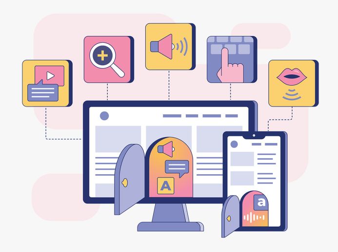 Illustration von Barrierefreiheits-Funktionen wie Vergrößerung, Vorlesefunktion und Tastaturnavigation auf einer Website