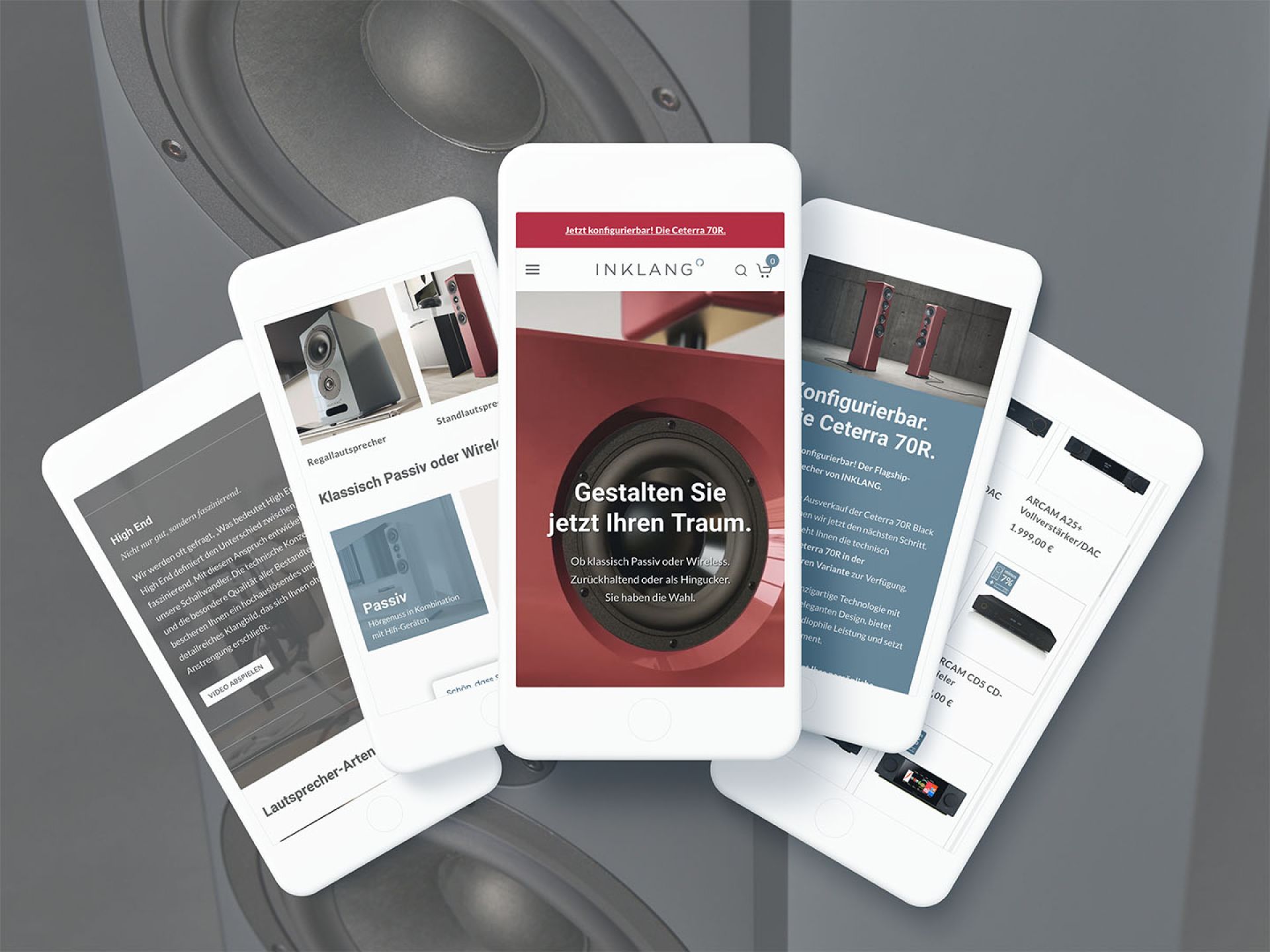 Mehrere Smartphone-Mockups des Online-Shops von Inklang vor einem Lautsprecher-Hintergrund